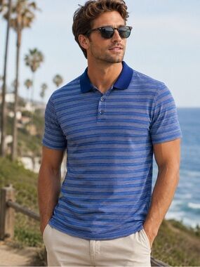 Claiborne Coastal Luxe Blue Striped Stretch Polo Shirt – Men’s Size L